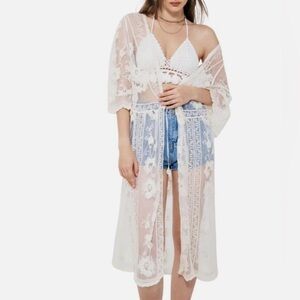 Rachel Zoe White Lace Duster Kimono Cover-Up One Size Fits All New